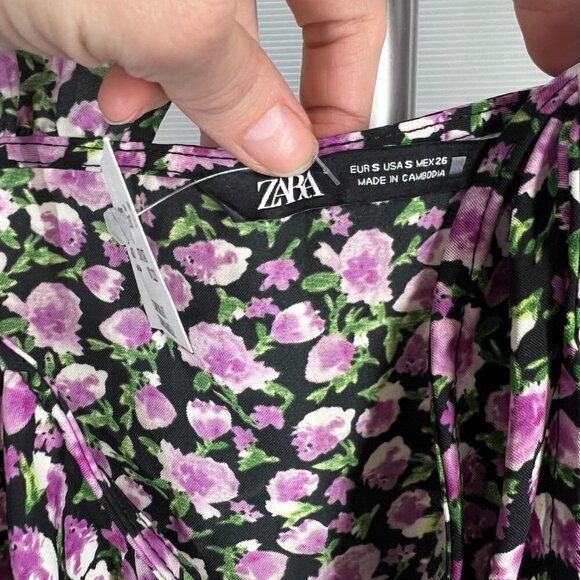 NWT Zara Floral‎ Twist Neck Halter Blouse Tank Top Purple Black Green White Sz S - Picture 6 of 8